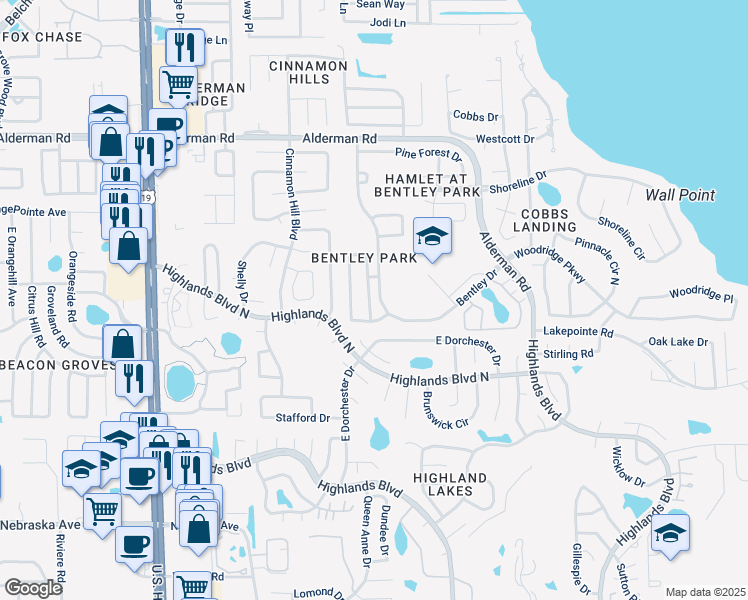 map of restaurants, bars, coffee shops, grocery stores, and more near 2912 Shannon Circle in Palm Harbor