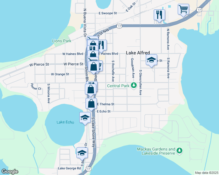 map of restaurants, bars, coffee shops, grocery stores, and more near 250 East Columbia Street in Lake Alfred