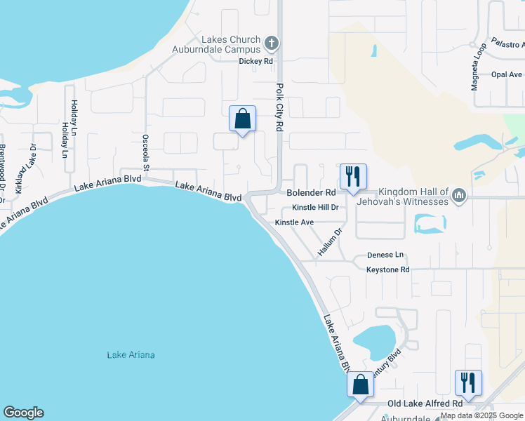 map of restaurants, bars, coffee shops, grocery stores, and more near 1408 Park Avenue in Auburndale