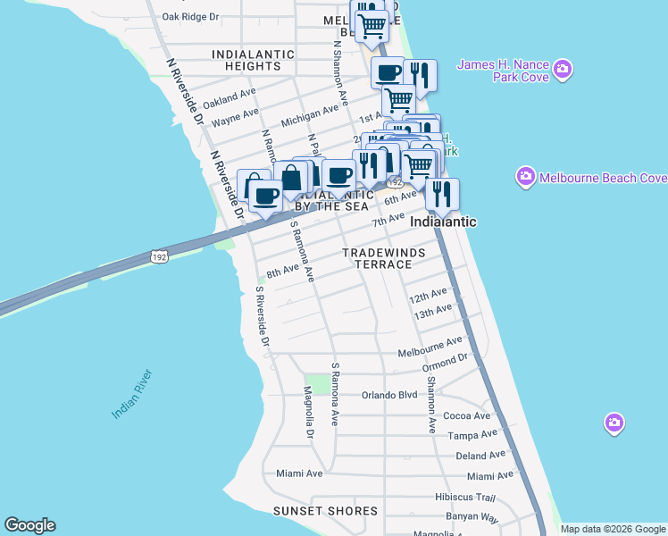 map of restaurants, bars, coffee shops, grocery stores, and more near 306 9th Terrace in Indialantic