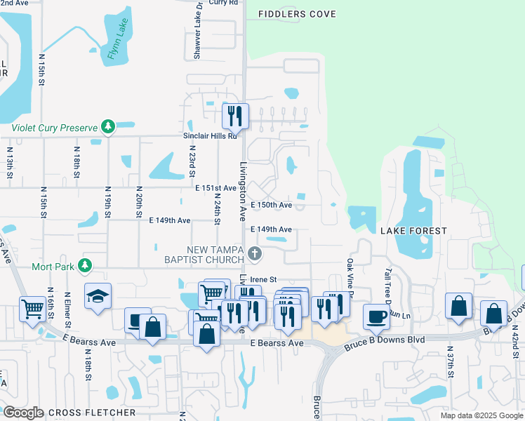 map of restaurants, bars, coffee shops, grocery stores, and more near 14915 Stag Run Circle in Lutz