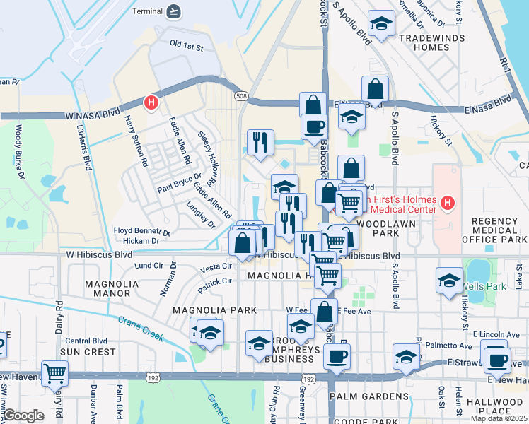 map of restaurants, bars, coffee shops, grocery stores, and more near 1415 Tradition Circle in Melbourne