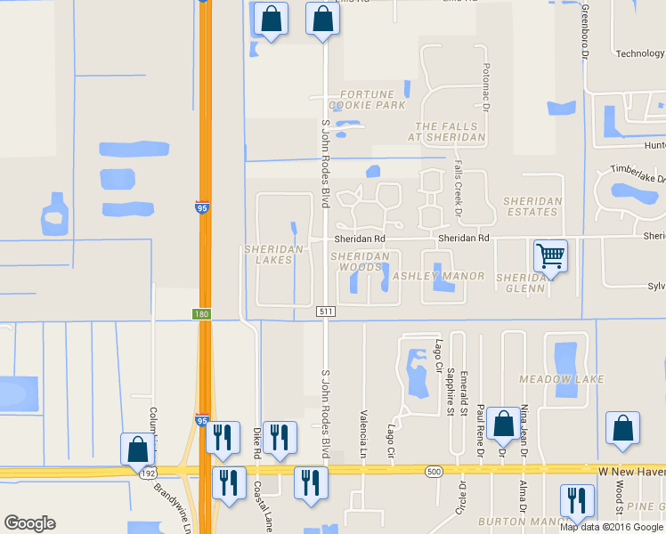 map of restaurants, bars, coffee shops, grocery stores, and more near 624 Sheridan Woods Drive in Melbourne