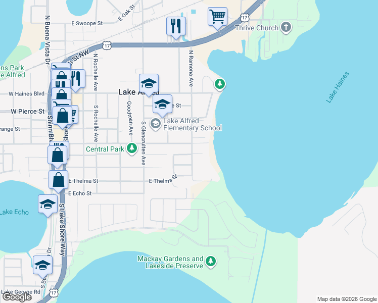 map of restaurants, bars, coffee shops, grocery stores, and more near 425 South Ramona Avenue in Lake Alfred