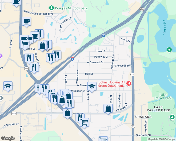 map of restaurants, bars, coffee shops, grocery stores, and more near 3438 Baird Avenue in Lakeland