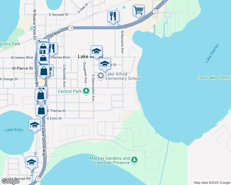 map of restaurants, bars, coffee shops, grocery stores, and more near 660 North Todhunter Way in Lake Alfred