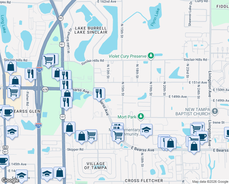 map of restaurants, bars, coffee shops, grocery stores, and more near 1306 East 149th Avenue in Lutz