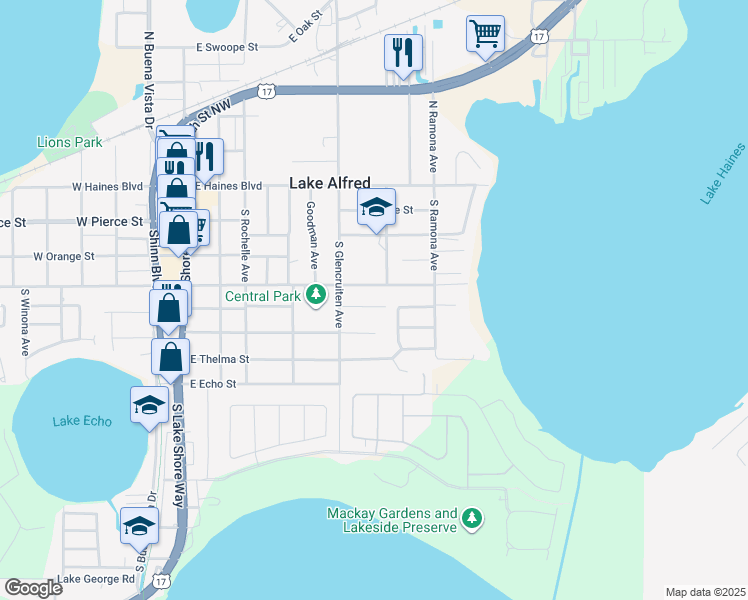 map of restaurants, bars, coffee shops, grocery stores, and more near 560 East Rainero Street in Lake Alfred