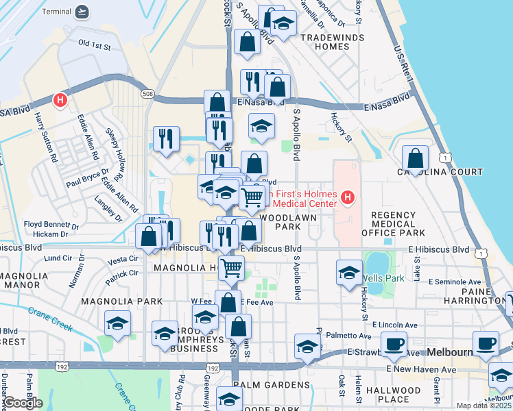 map of restaurants, bars, coffee shops, grocery stores, and more near 1363 South Babcock Street in Melbourne