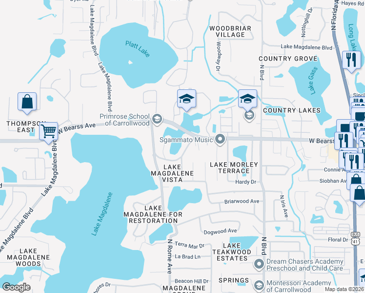 map of restaurants, bars, coffee shops, grocery stores, and more near 1401 Haven Bend in Tampa