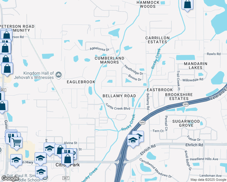 map of restaurants, bars, coffee shops, grocery stores, and more near 6407 Spring Oak Court in Tampa