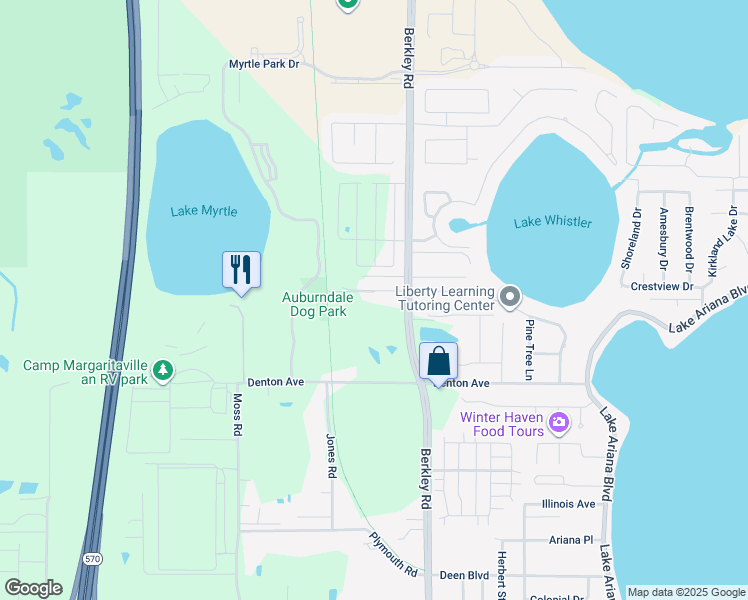 map of restaurants, bars, coffee shops, grocery stores, and more near 511 O Shea Court in Auburndale