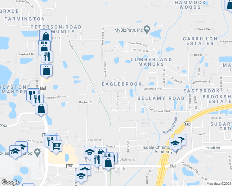 map of restaurants, bars, coffee shops, grocery stores, and more near 14901 Rocky Ledge Drive in Tampa