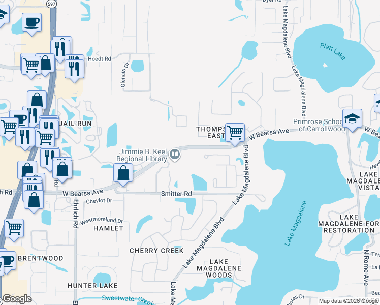 map of restaurants, bars, coffee shops, grocery stores, and more near 2626 West Bearss Avenue in Tampa