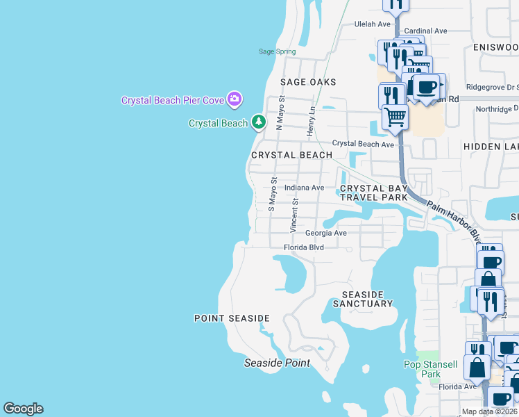 map of restaurants, bars, coffee shops, grocery stores, and more near 505 South Mayo Street in Palm Harbor