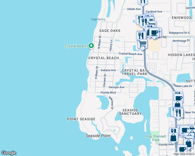 map of restaurants, bars, coffee shops, grocery stores, and more near 505 South Mayo Street in Palm Harbor