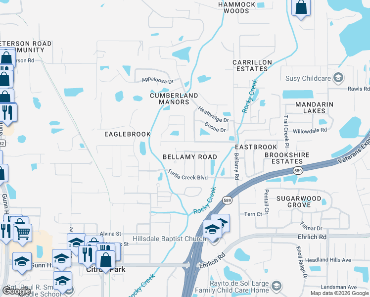 map of restaurants, bars, coffee shops, grocery stores, and more near 6401 Spring Oak Court in Tampa