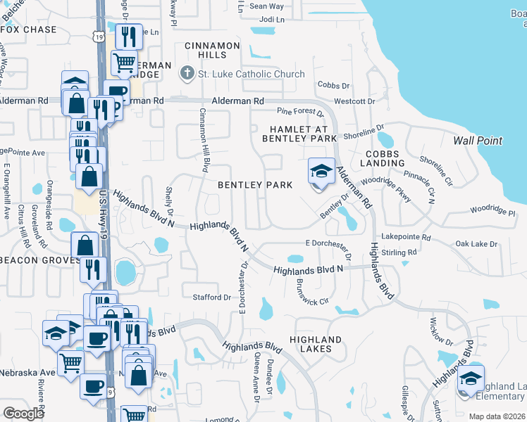 map of restaurants, bars, coffee shops, grocery stores, and more near 2912 Shannon Circle in Palm Harbor