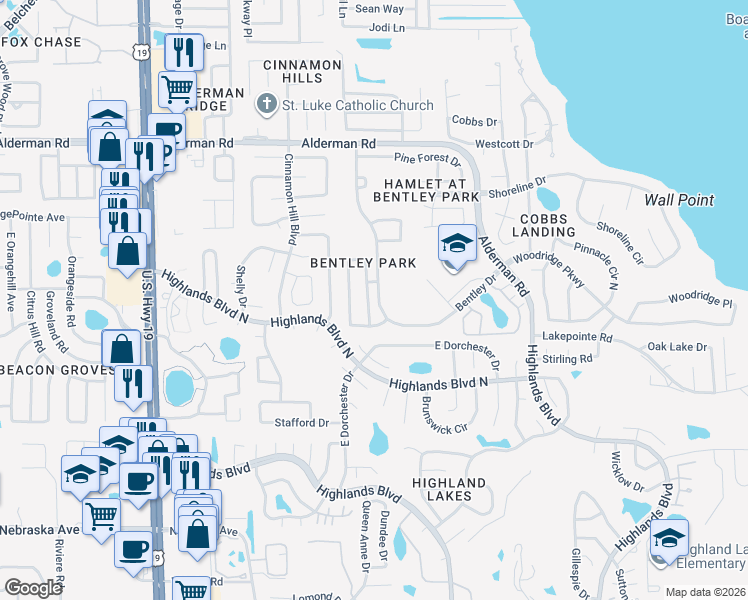 map of restaurants, bars, coffee shops, grocery stores, and more near 2912 Shannon Circle in Palm Harbor