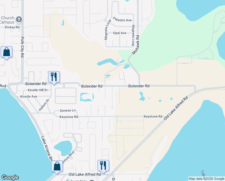 map of restaurants, bars, coffee shops, grocery stores, and more near Magnolia Avenue in Auburndale