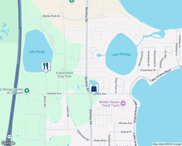 map of restaurants, bars, coffee shops, grocery stores, and more near 221 Lakeview Drive in Auburndale