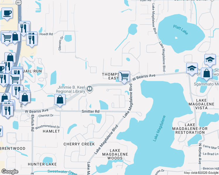 map of restaurants, bars, coffee shops, grocery stores, and more near 2633 Milford Berry Lane in Tampa