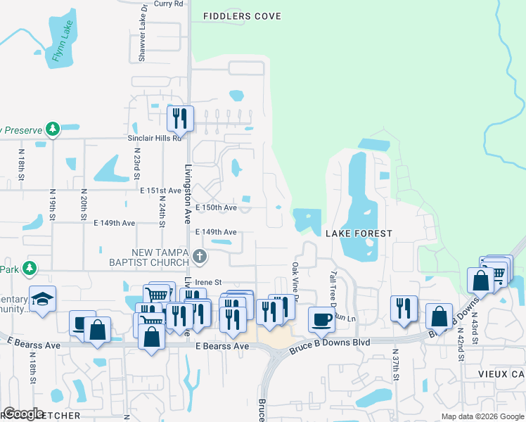 map of restaurants, bars, coffee shops, grocery stores, and more near 14954 Deer Meadow Drive in Lutz