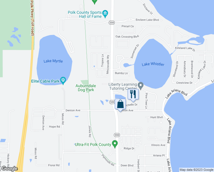 map of restaurants, bars, coffee shops, grocery stores, and more near 505 O Shea Court in Auburndale