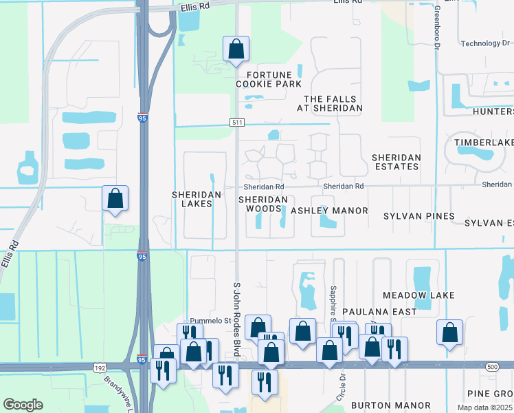 map of restaurants, bars, coffee shops, grocery stores, and more near 615 Sheridan Woods Drive in Melbourne