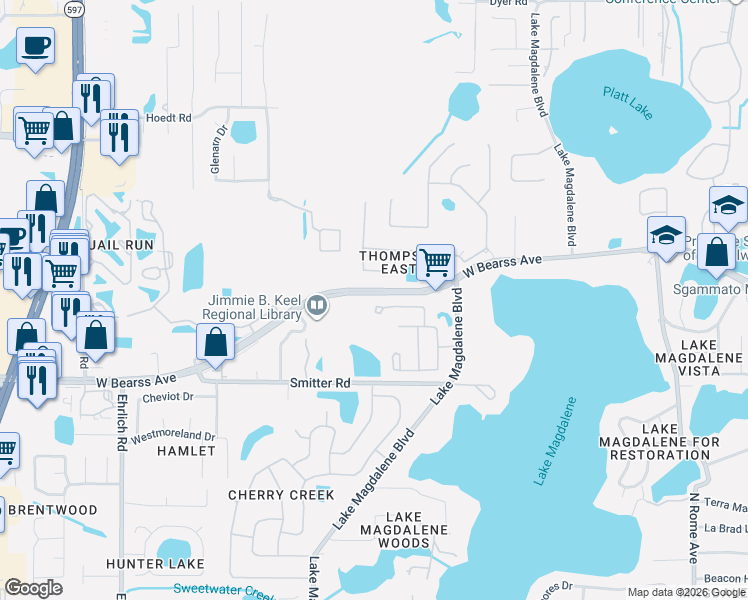 map of restaurants, bars, coffee shops, grocery stores, and more near 2633 Milford Berry Lane in Tampa