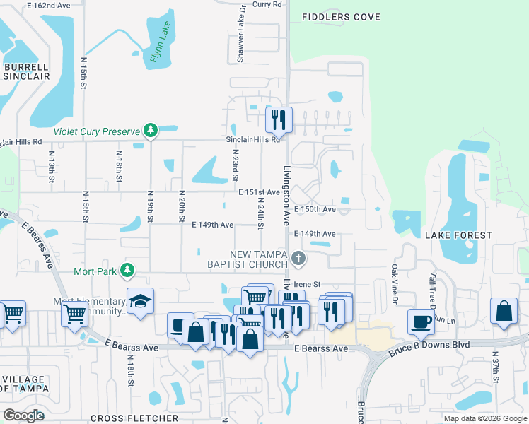map of restaurants, bars, coffee shops, grocery stores, and more near 14905 North 24th Street in Lutz