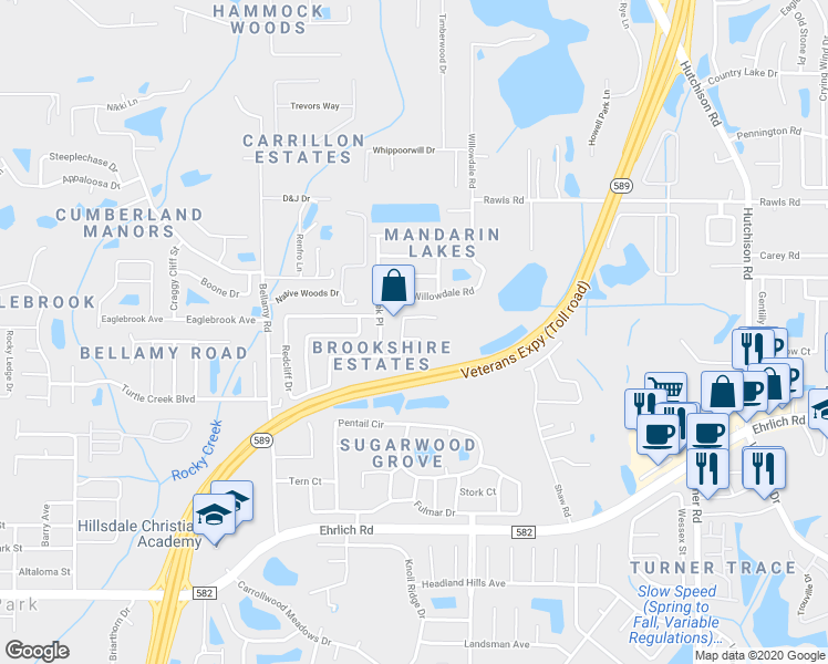 map of restaurants, bars, coffee shops, grocery stores, and more near 5807 Black Walnut Court in Tampa