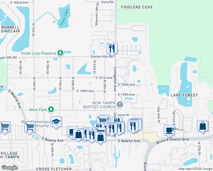 map of restaurants, bars, coffee shops, grocery stores, and more near 14905 North 24th Street in Lutz