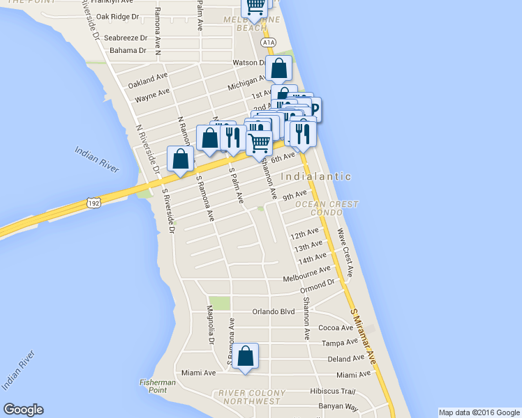 map of restaurants, bars, coffee shops, grocery stores, and more near 505 South Palm Avenue in Indialantic