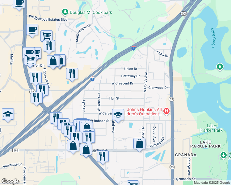 map of restaurants, bars, coffee shops, grocery stores, and more near 3438 Baird Avenue in Lakeland