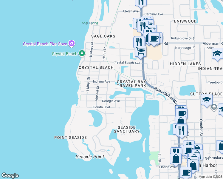 map of restaurants, bars, coffee shops, grocery stores, and more near 503 Broadus Street in Palm Harbor