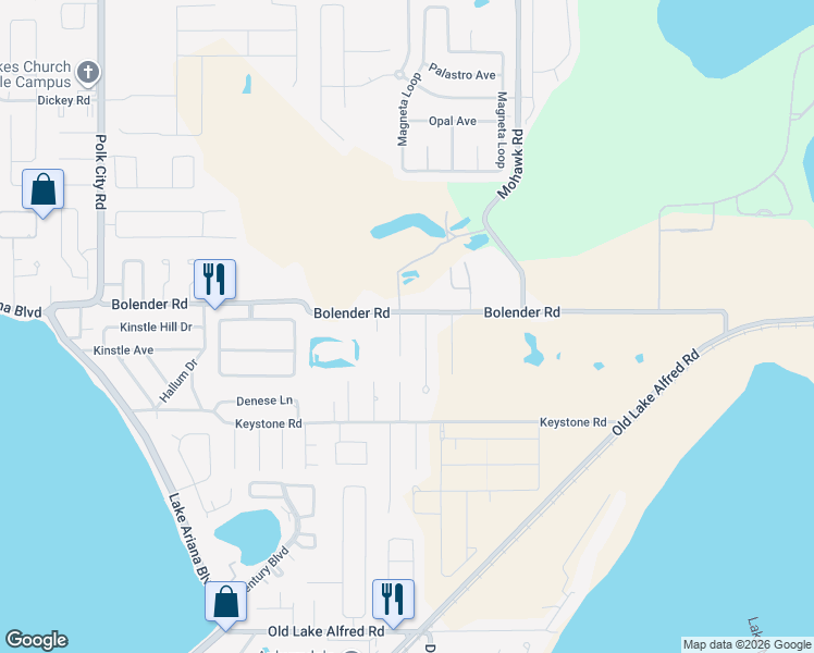 map of restaurants, bars, coffee shops, grocery stores, and more near 1305 Ariana Woods Circle in Auburndale