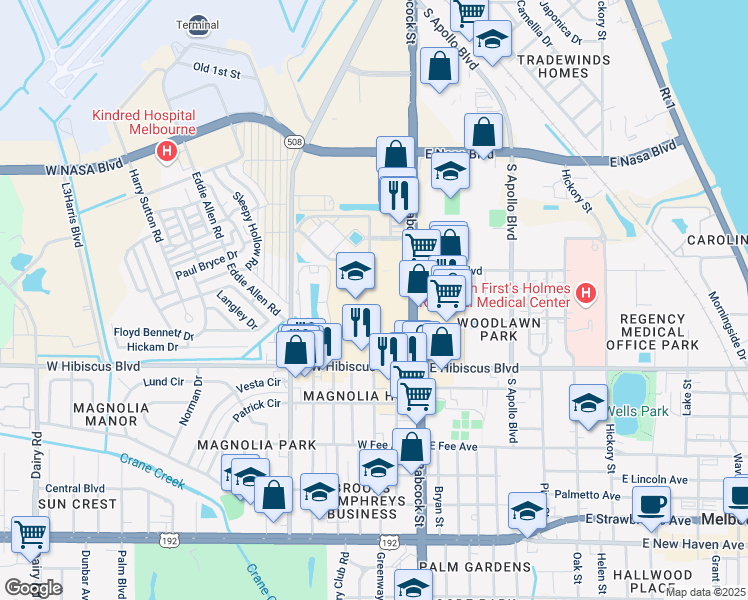 map of restaurants, bars, coffee shops, grocery stores, and more near 1396 South Babcock Street in Melbourne