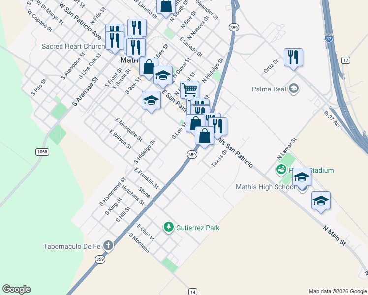 map of restaurants, bars, coffee shops, grocery stores, and more near 728 East Copano Street in Mathis
