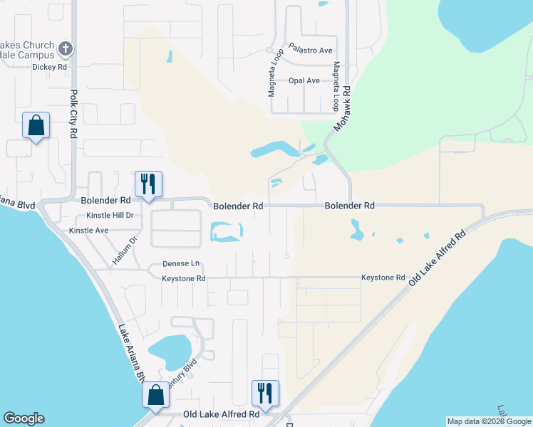 map of restaurants, bars, coffee shops, grocery stores, and more near 1305 Ariana Woods Circle in Auburndale