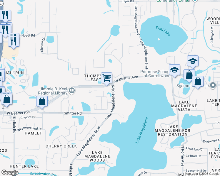 map of restaurants, bars, coffee shops, grocery stores, and more near 2402 West Bearss Avenue in Tampa