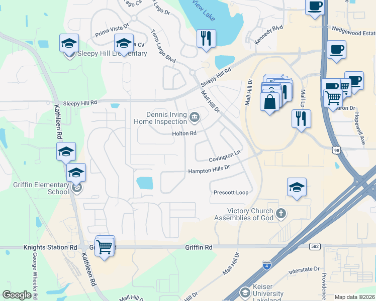 map of restaurants, bars, coffee shops, grocery stores, and more near 3865 Hampton Hills Road in Lakeland