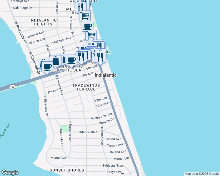 map of restaurants, bars, coffee shops, grocery stores, and more near 50 11th Avenue in Indialantic