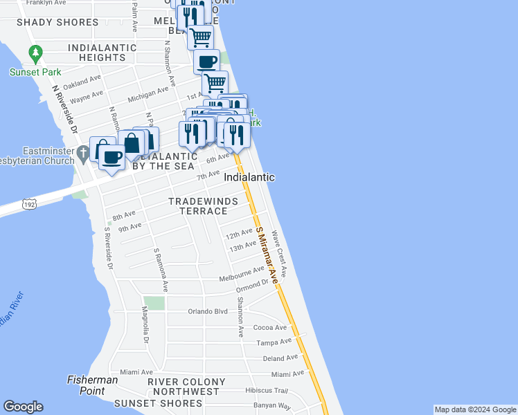 map of restaurants, bars, coffee shops, grocery stores, and more near 700 Wave Crest Avenue in Indialantic
