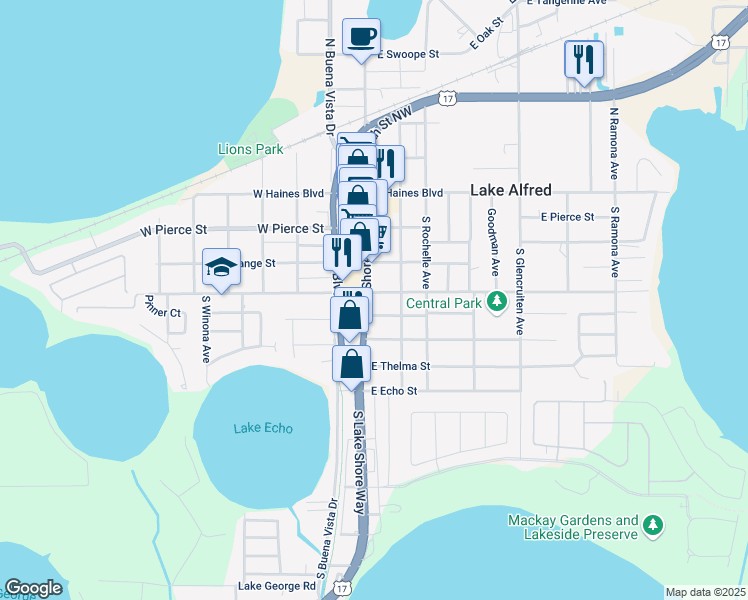 map of restaurants, bars, coffee shops, grocery stores, and more near 130 East Columbia Street in Lake Alfred