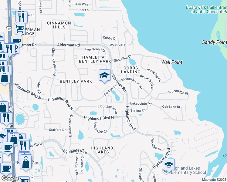 map of restaurants, bars, coffee shops, grocery stores, and more near 3265 Haviland Court in Palm Harbor