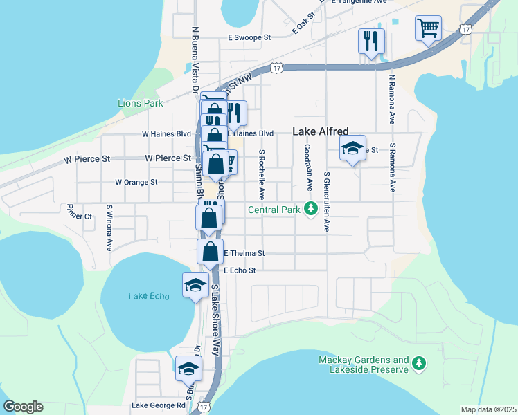 map of restaurants, bars, coffee shops, grocery stores, and more near 250 East Columbia Street in Lake Alfred