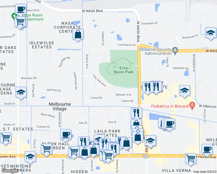 map of restaurants, bars, coffee shops, grocery stores, and more near 556 South Wildwood Lane in Melbourne