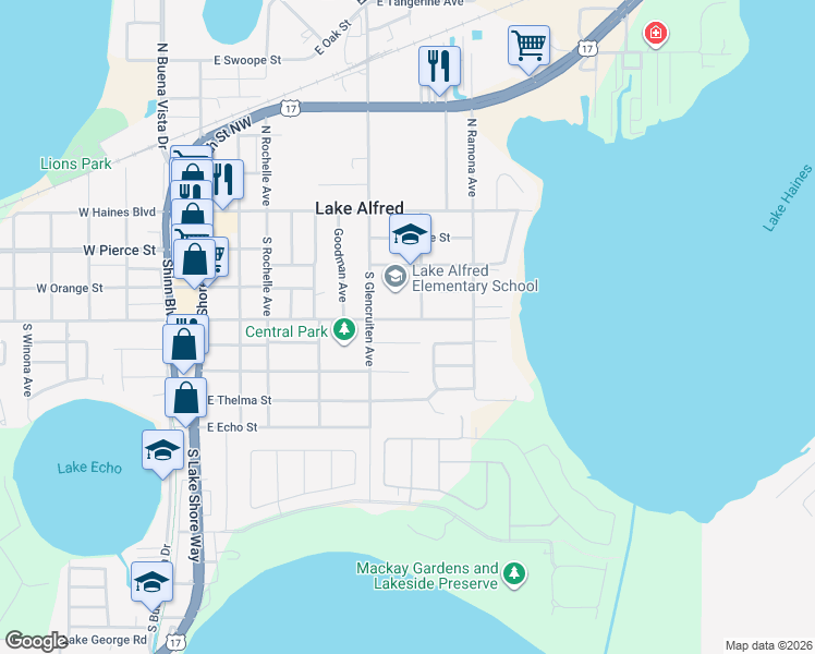 map of restaurants, bars, coffee shops, grocery stores, and more near 560 East Rainero Street in Lake Alfred