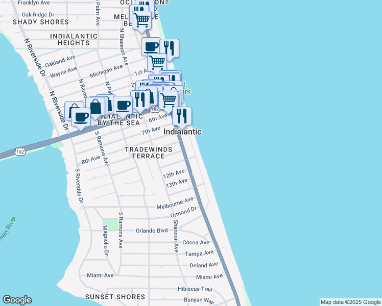 map of restaurants, bars, coffee shops, grocery stores, and more near 700 Wave Crest Avenue in Indialantic